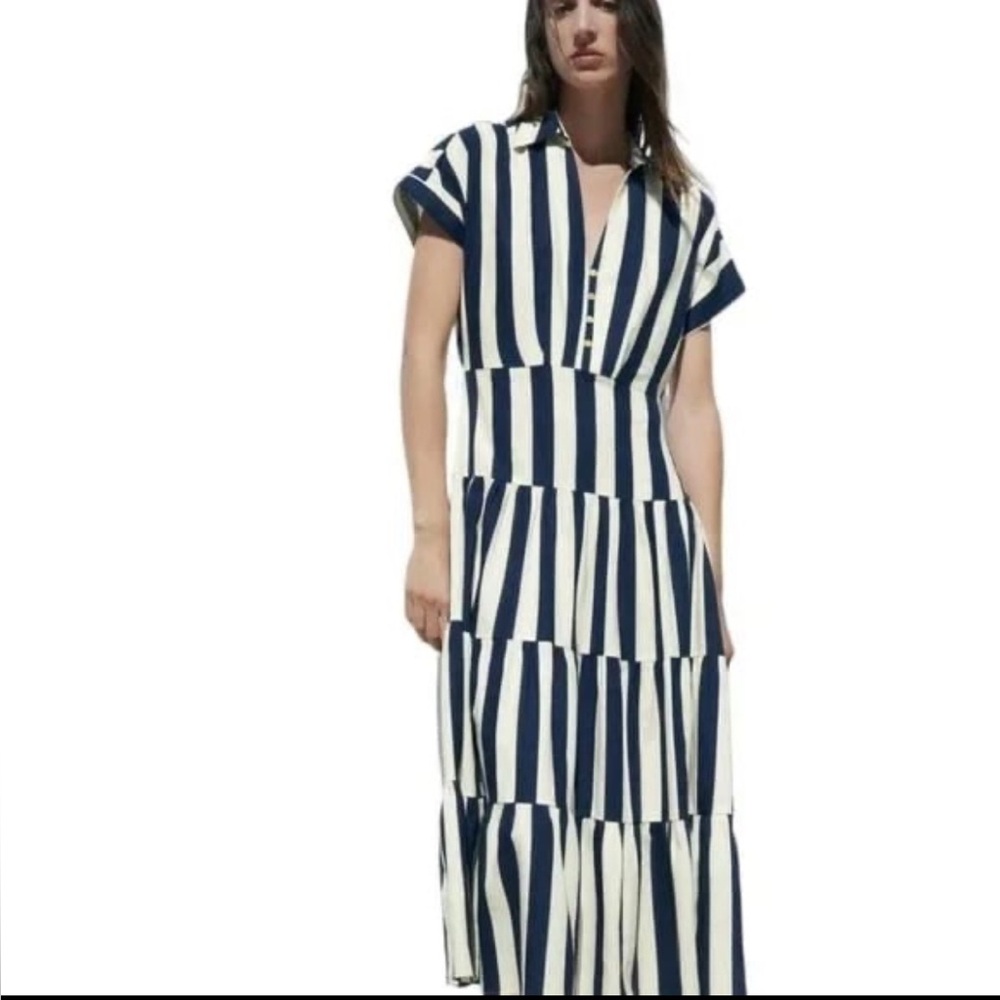 NWT- ZARA STRIPED LINEN BLEND MIDI DRESS NAVY / WHITE SIZE XS